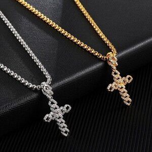 Cross Pendant Chain Necklace Cuban Link Rhinestone Stainless Steel Gold / Silver